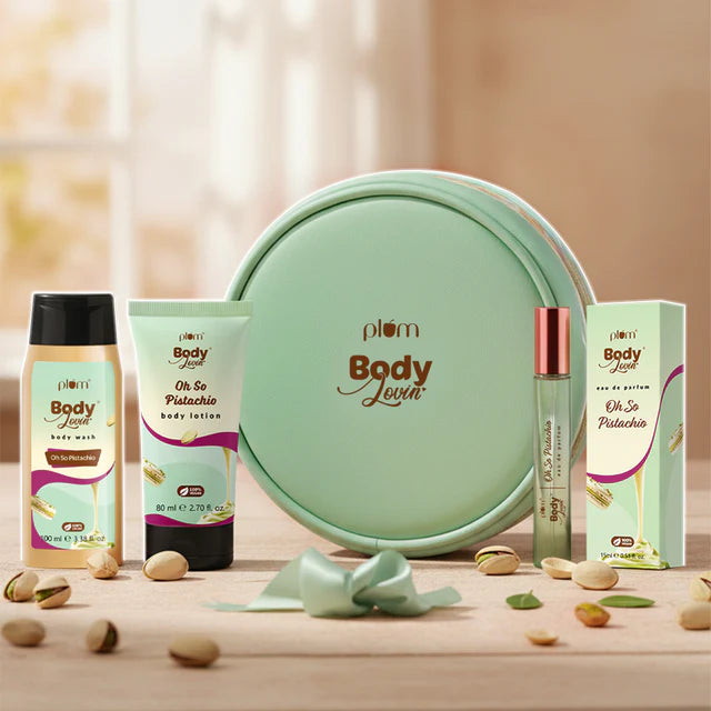 Oh So Pistachio Gift Set with body wash, lotion, and perfume in a mint green round box, ideal for pampering and gifting.