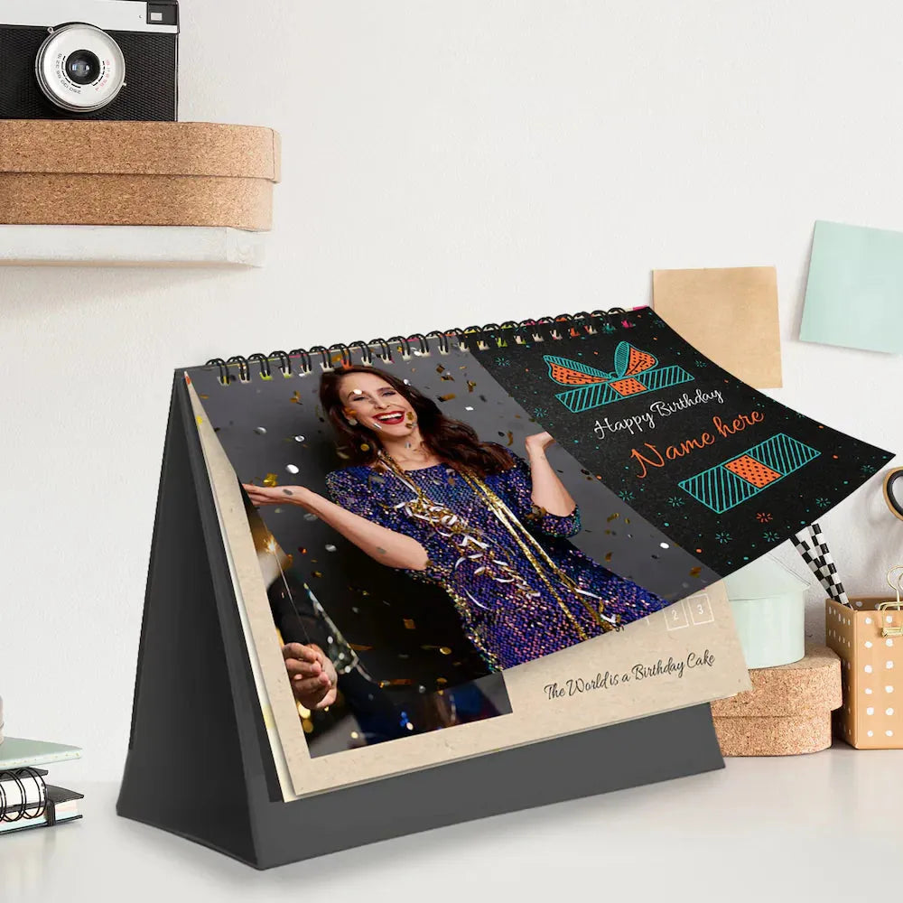 Personalized Table Top Photo Calendar - Birthday Gift with custom name and photo, spiral-bound, ideal for office desks or home decor.