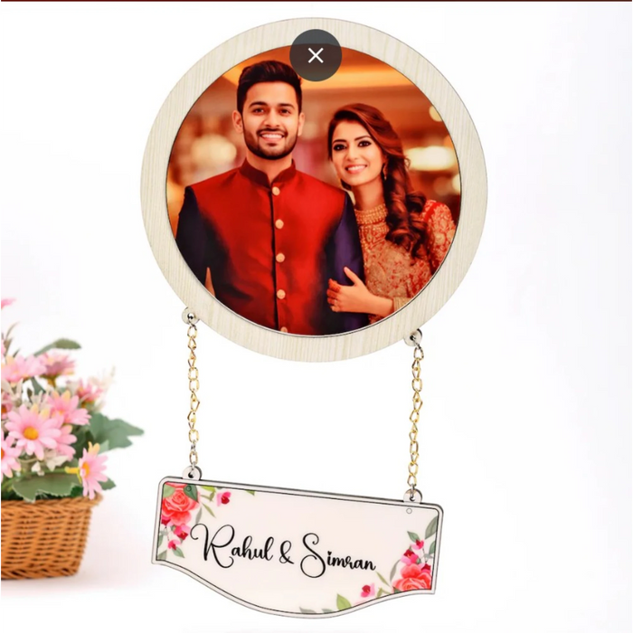 Personalised photo hanging name plate with couple's picture and floral design