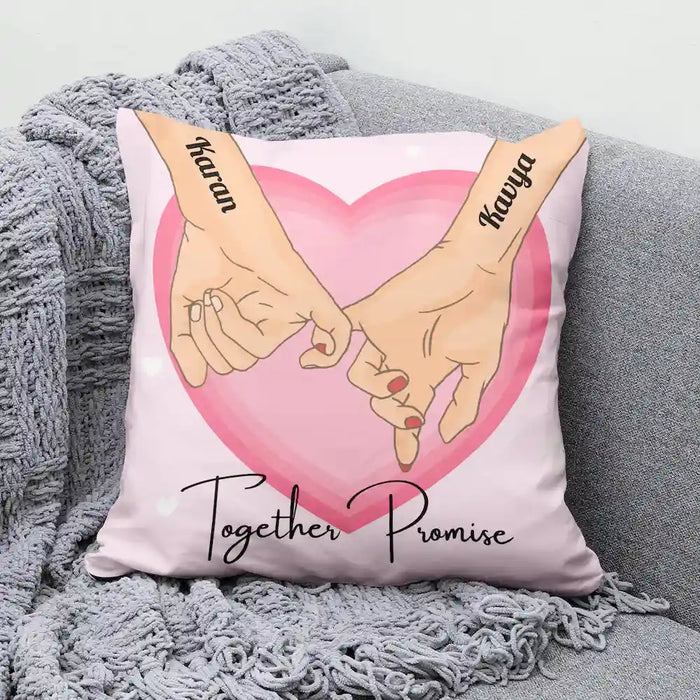 Personalized Promise Cushion - Custom Pinky Promise Gift featuring two hands with names Karan and Kavya, set against a pink heart background.