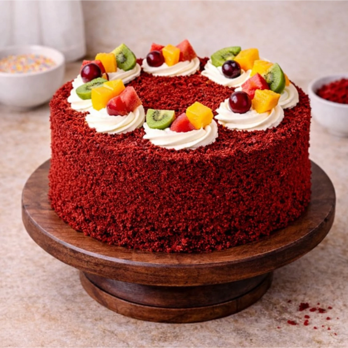 Red velvet fruit cake with whipped cream and fresh fruit toppings