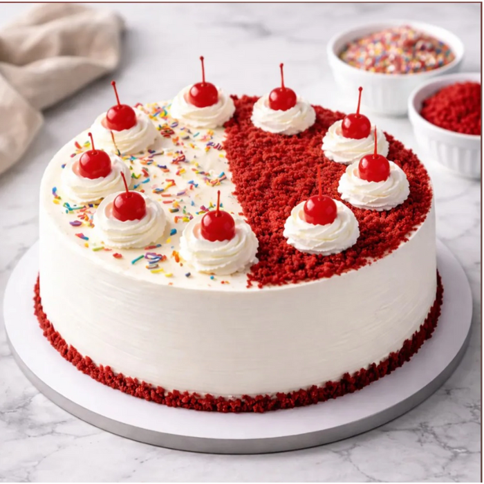Red velvet cake with cherries and sprinkles