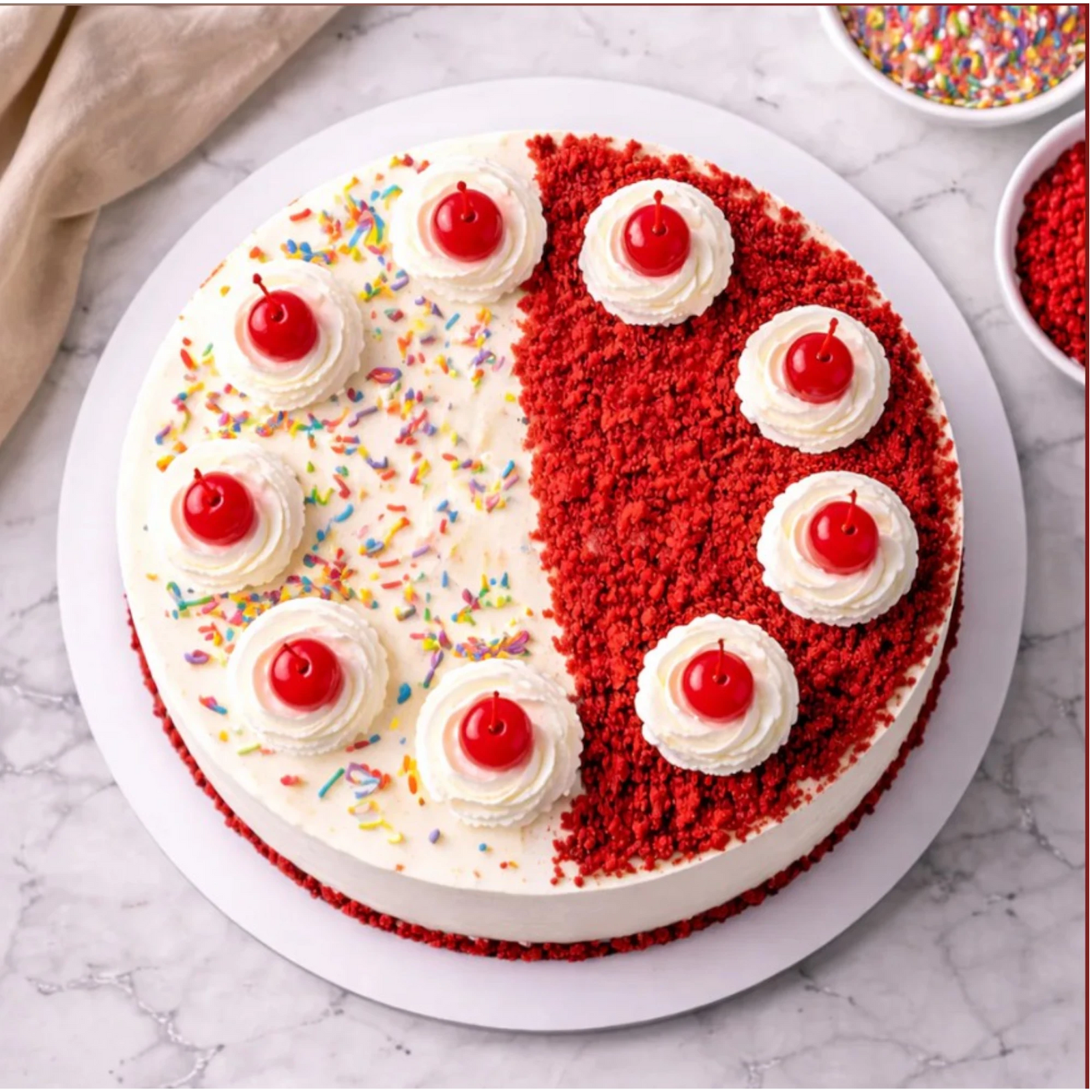 Decorated birthday cake with cherries and colorful sprinkles