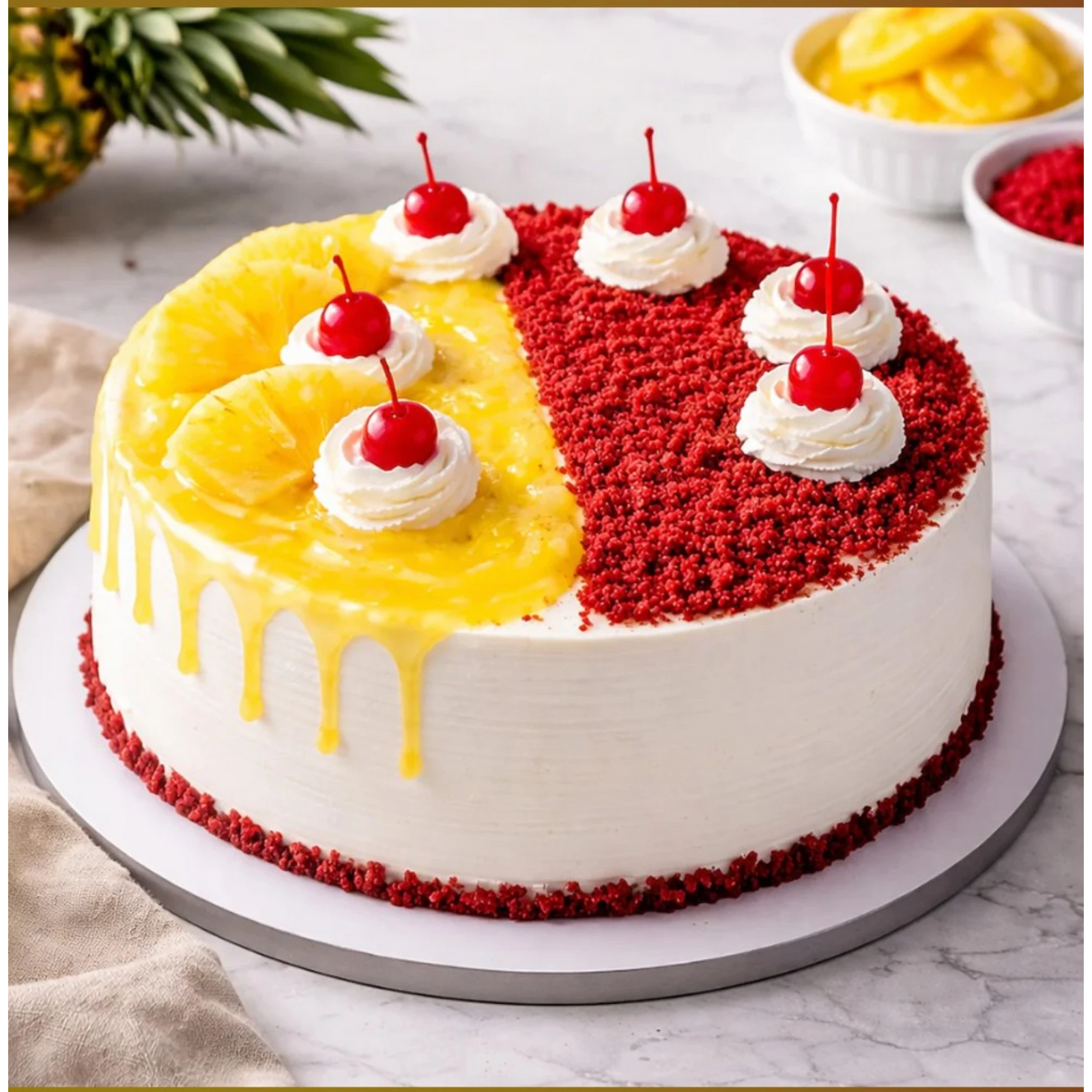 Decorative pineapple cake with whipped cream and cherries