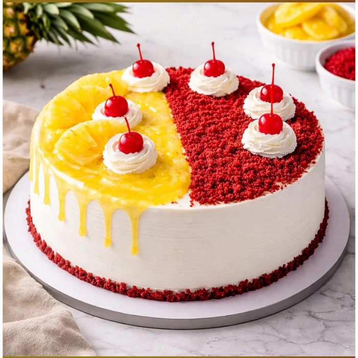 Decorative pineapple cake with whipped cream and cherries