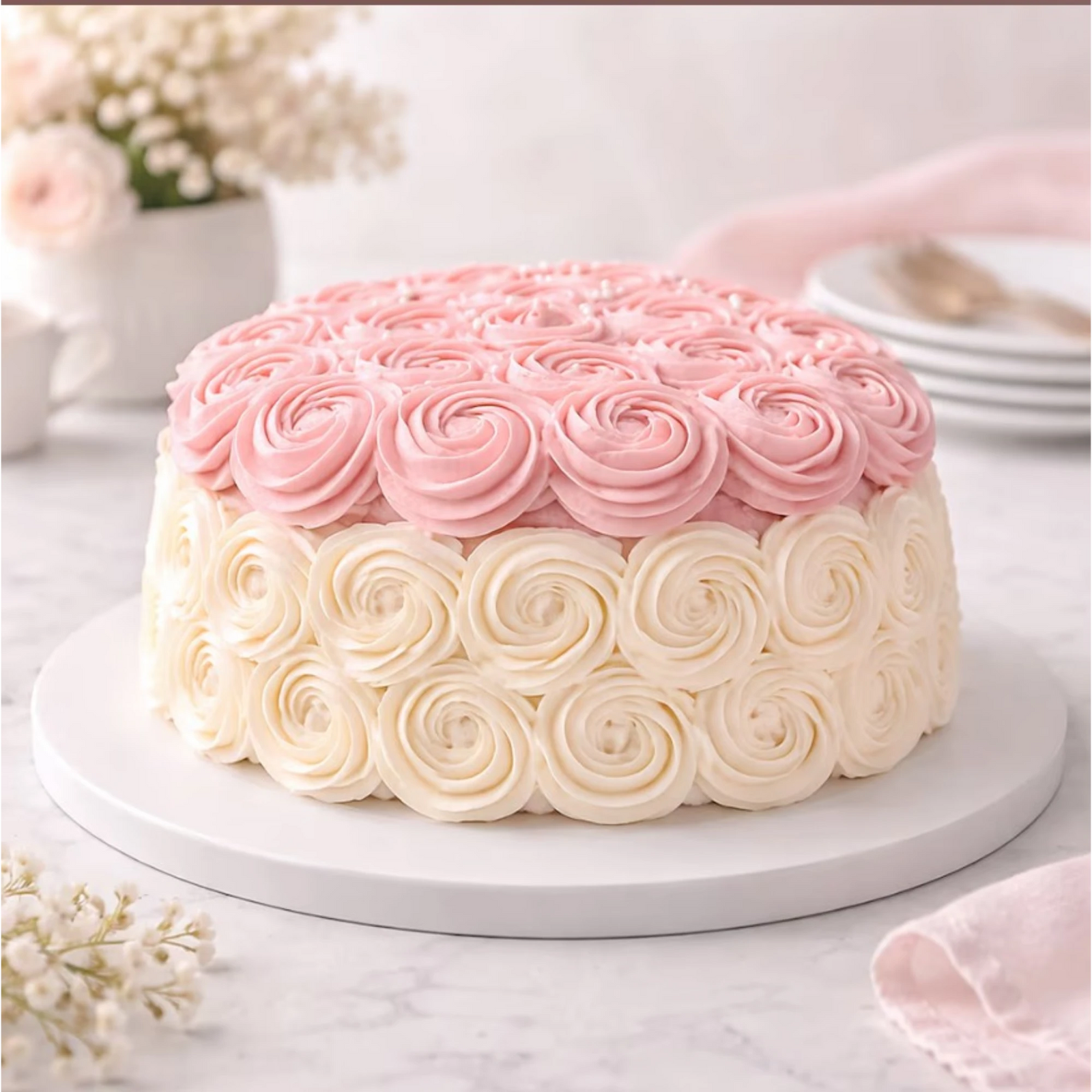 Decorative pink and white cake with floral frosting design