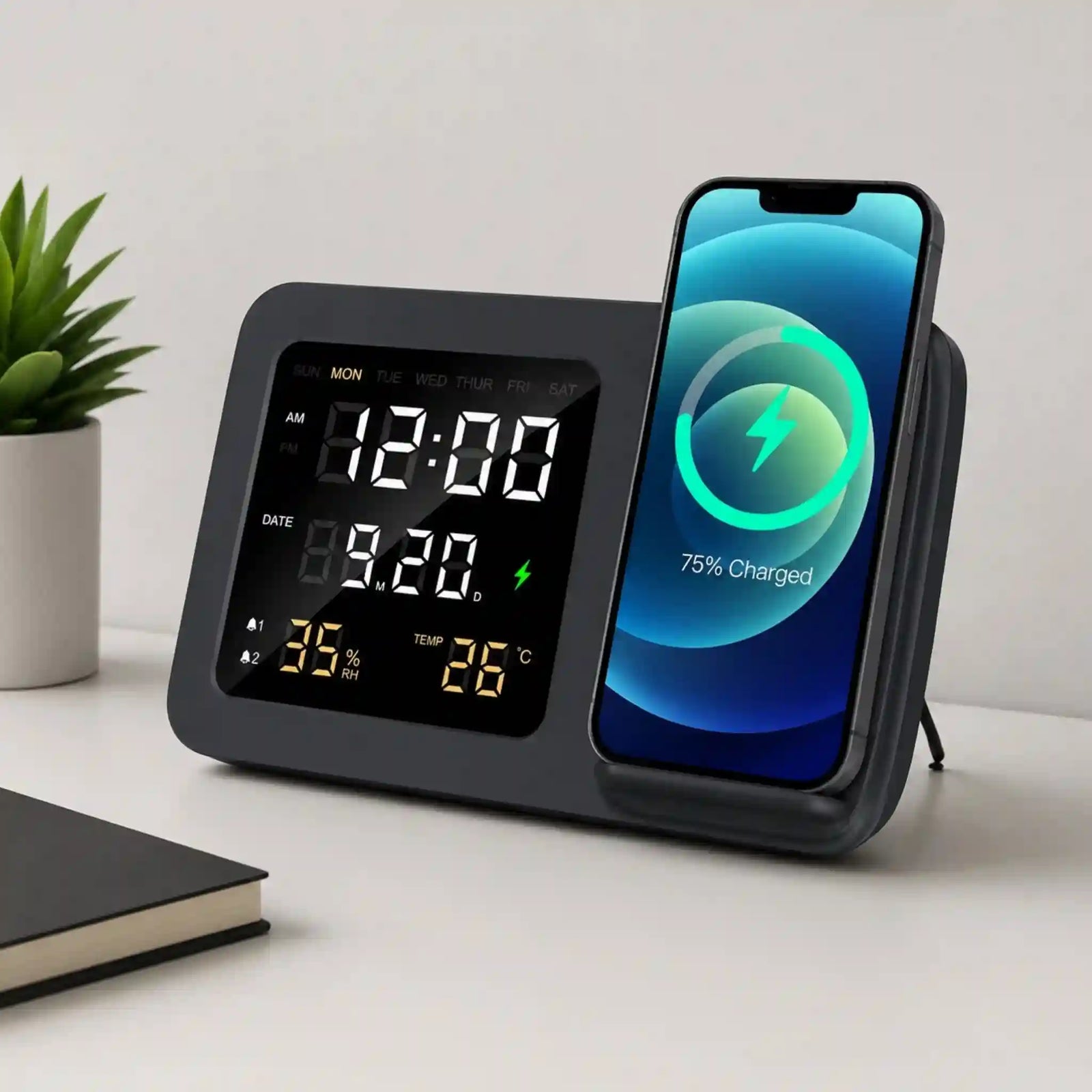 side angle mobile charging Shimmer wireless charger with clock stylish custom bedside essential and personalized gifts for her