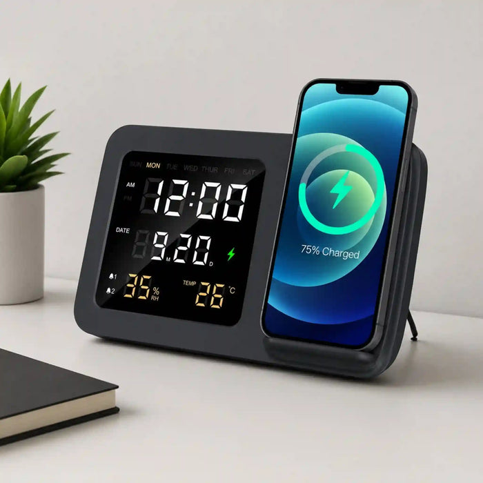 side angle mobile charging Shimmer wireless charger with clock stylish custom bedside essential and personalized gifts for her