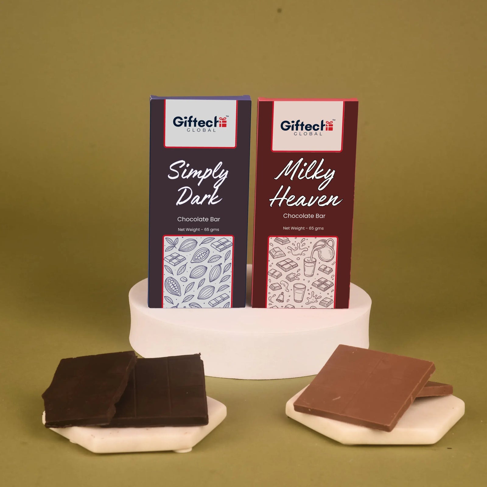 Dark & Milky Chocolate Duo - Simply Heaven | 65g Each set featuring Simply Dark and Milky Heaven bars with rich, smooth textures on display.