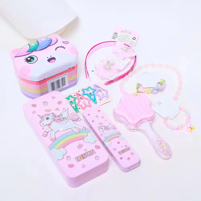 Unicorn Girl Accessory Kit - Sparkle & Shine featuring a unicorn lock box, hairband, comb, jewelry, clips, and pencil box in pastel colors.
