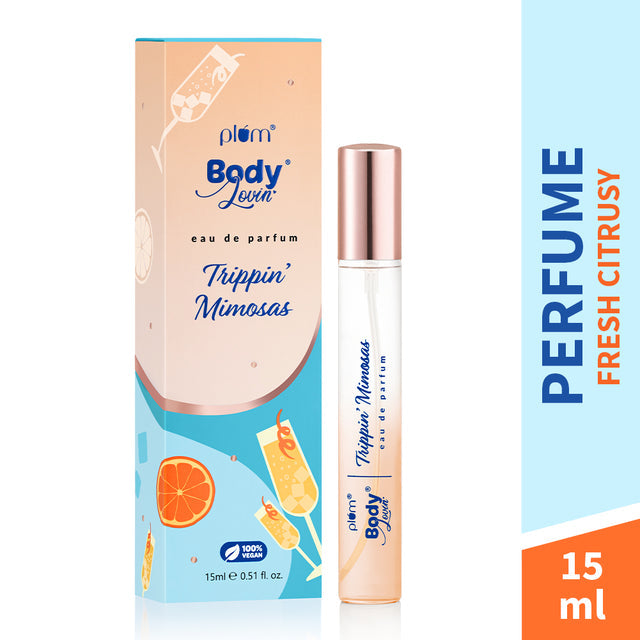Trippin Mimosas Eau De Parfum 15ml by Plum with Smokin’ Vanilla Body Mist, featuring citrus-themed packaging and labeled as fresh and travel-friendly.