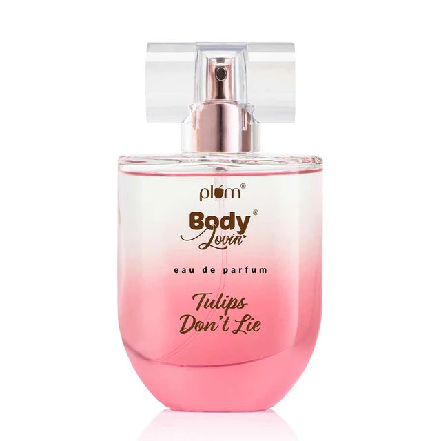Tulips Don't Lie Eau De Parfum by Plum in a pink gradient glass bottle with clear cap, ideal for floral fragrance lovers.