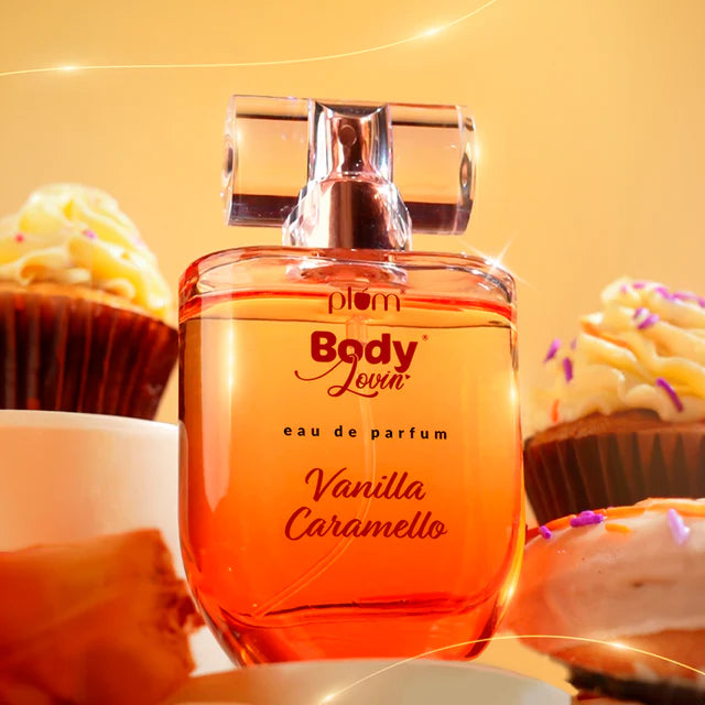 Vanilla & Caramello Eau De Parfum by Plum surrounded by cupcakes, highlighting its rich, dessert-inspired fragrance in the Vanilla Vibes Bath Body Gift Set.