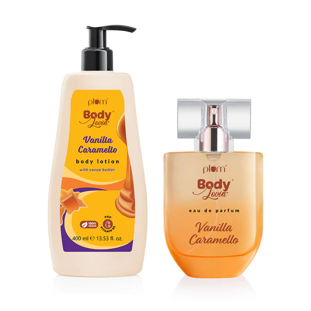 Vanilla Lotion and Perfume Duo - Smell Delish gift set featuring Plum BodyLovin' Vanilla Caramello body lotion and eau de parfum in sleek bottles.