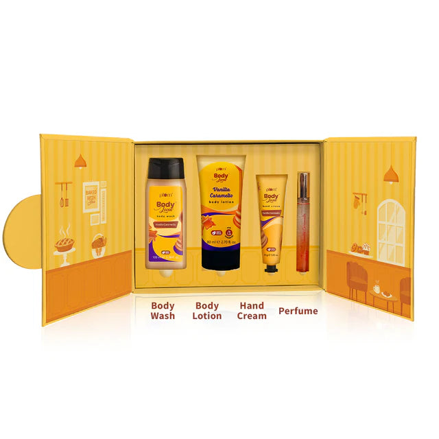 Vanilla Caramel Bath & Body Gift Set with body wash, lotion, hand cream, and perfume in a bakery-themed box. Ideal for gifting women.