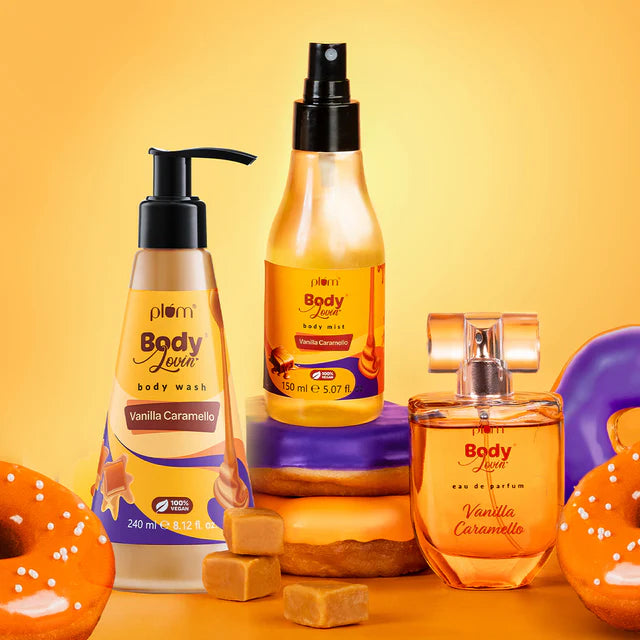 Go Vanilla Caramello Bath Body Trio featuring body wash, mist, and perfume with caramel treats and donuts in the background.