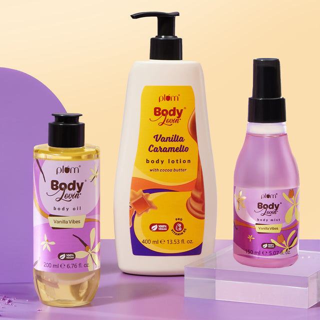 Vanilla Lover Starter Pack with Plum Body Oil, Body Lotion, and Body Mist in Vanilla Vibes and Vanilla Caramello scents for soft, scented skin.