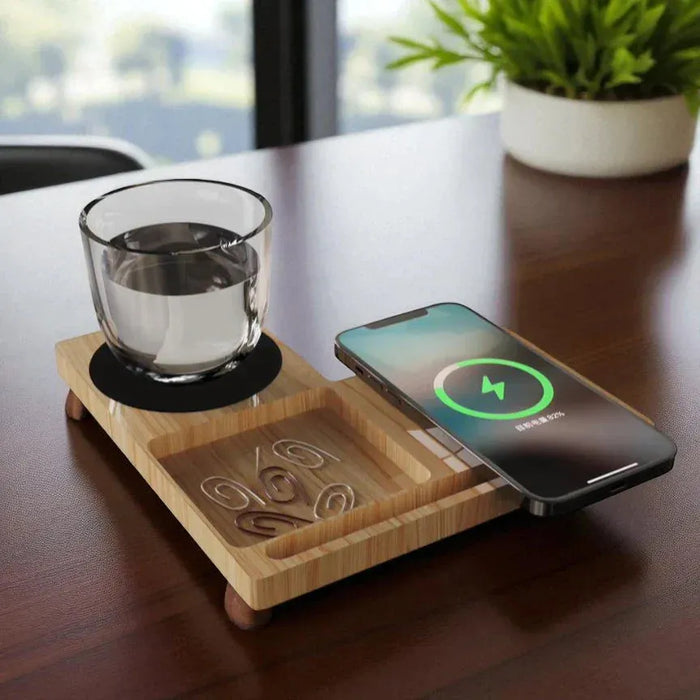 side view Willow 3.0 wireless charger with cup warmer and phone stand multi functional custom accessory and personalized desk gifts