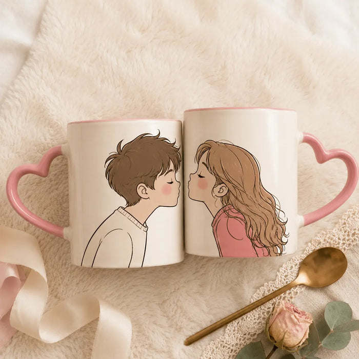 front upper shot kissing-couple-heart-handle-mug-set-personalized-anniversary-mugs