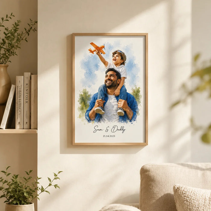 Framed artwork of a father and son with an airplane, placed on a wall in a home setting.