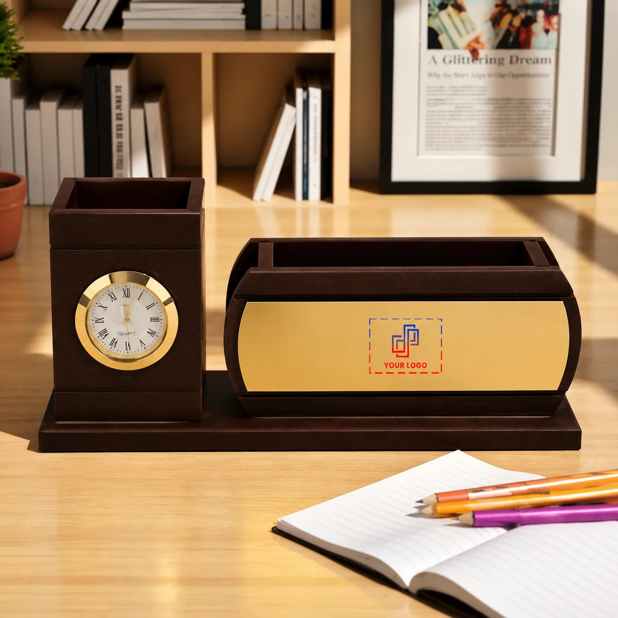 Brown Pen Stand with Clock for Workspace