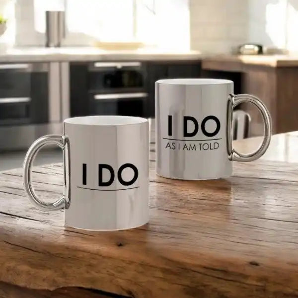 i do mug s kept on wooden table with kitchen background I Do Personalized Metallic Couple Mugs sleek custom gift set and personalized metallic couple mugs