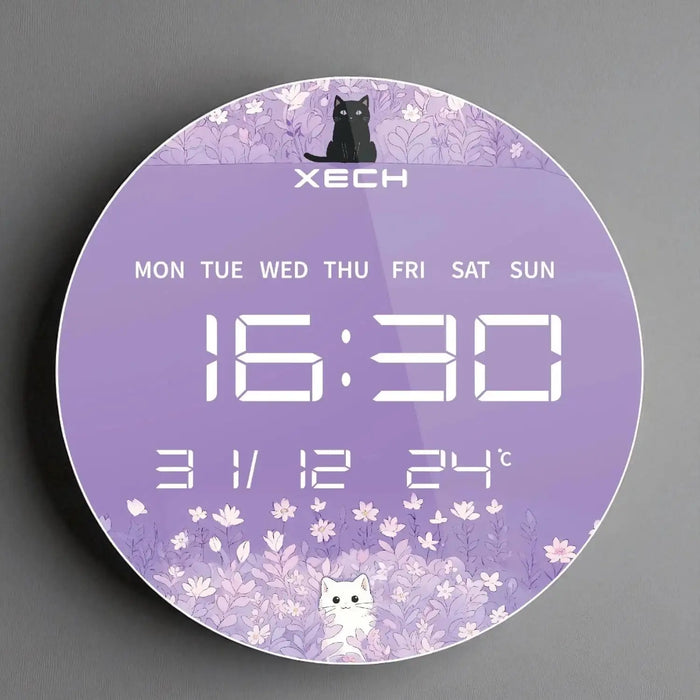 Round digital clock with floral design and cat illustrations on a gray background
