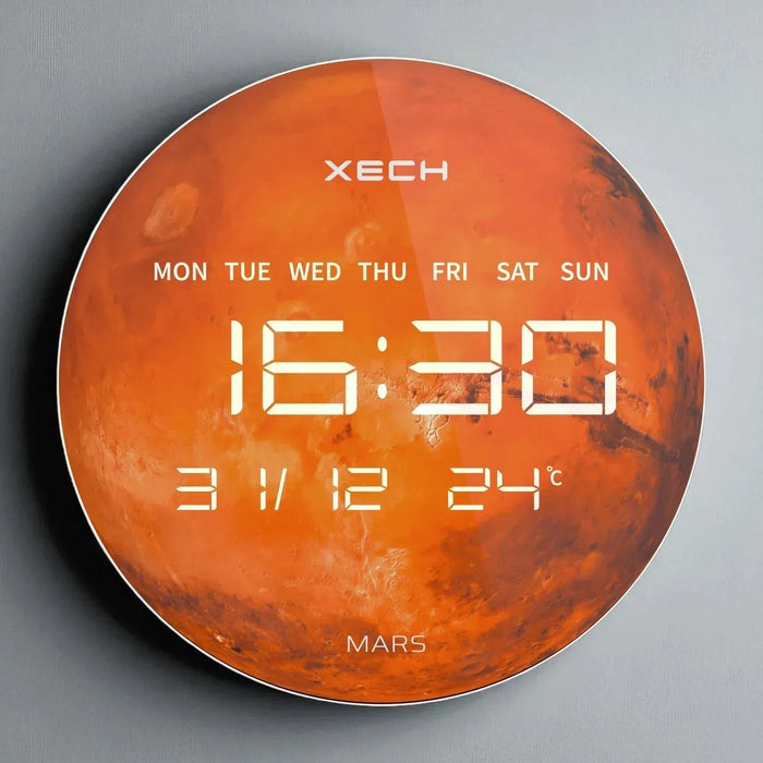 Solaris Digital Clock with Mars-themed celestial design and LED display showing time, date, and temperature. Ideal for modern wall decor.